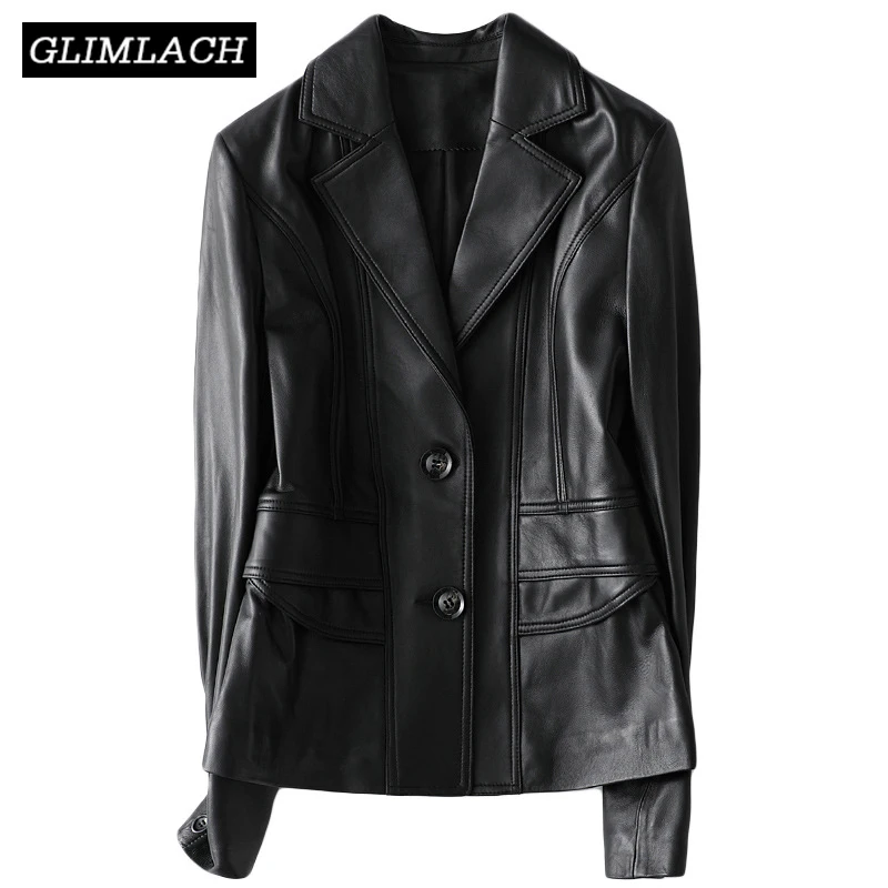 2020 Women Genuine Leather Single Breasted Lambskin Jacket Office Lady Black Slim Real Leather Coat Short Female Fashion Clothes