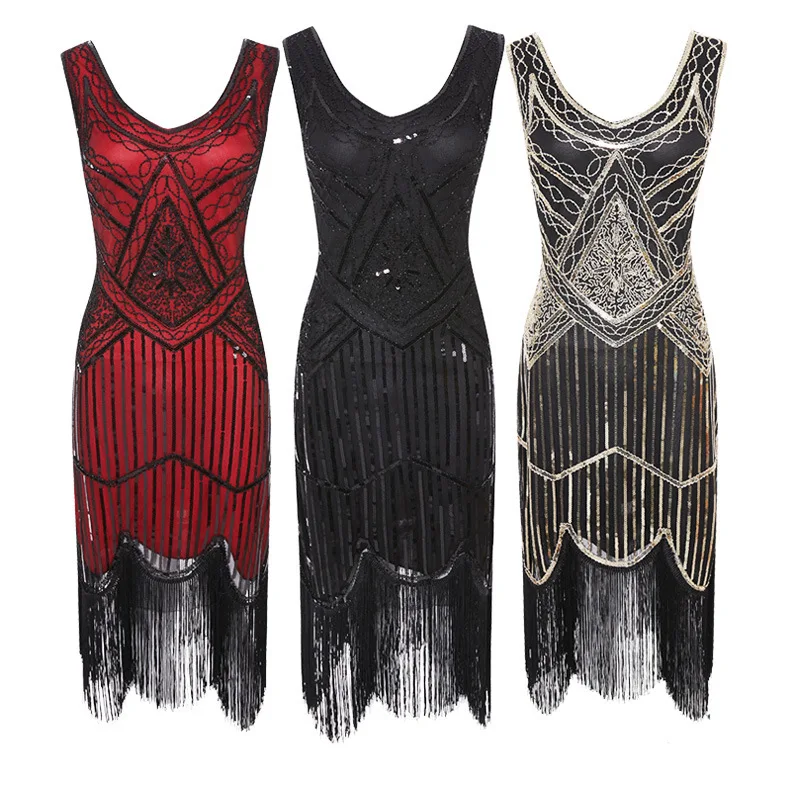 

Ladies 1920s Gatsby Robe Fringe Flapper Sequined Fancy Dress Sleeveless Adult Charleston Cosplay Costume Party Cosplay Vestidos