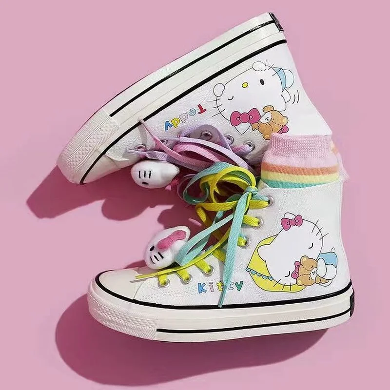 

Women's Canvas Shoes High-top Flat Canvas Shoes Hand-painted Couple Student Sneakers Hello Kittyed Shoes for Women Sneakers