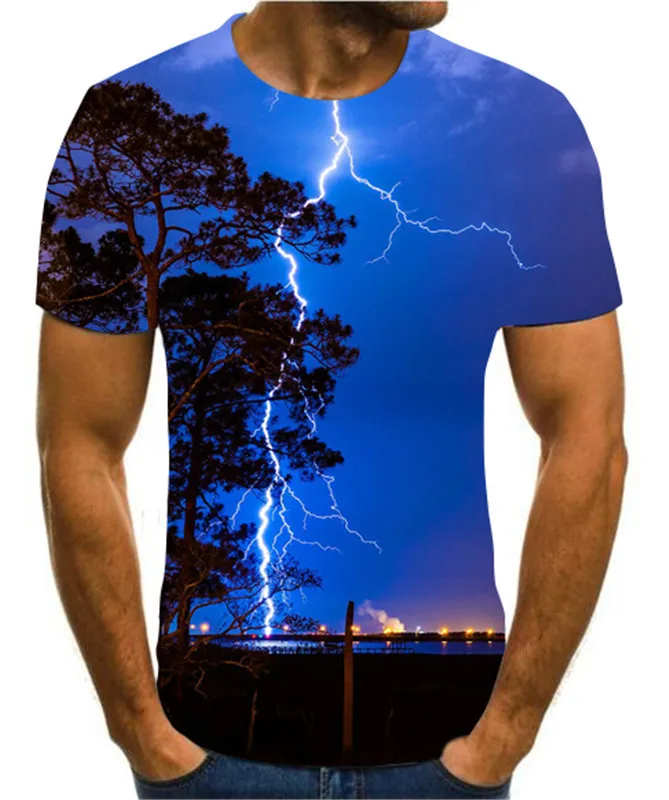 Men's 3D printing T-shirt lightning landscape t-shirt men's Summer Black T-Shirt round neck beach | Мужская одежда