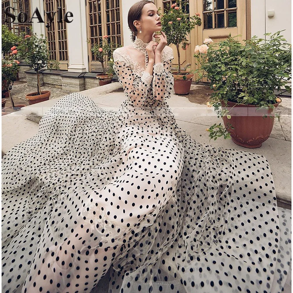 

SoAyle A-Line High Neck Black Dots Prom Dresses Long Sleeves Zipper Gorgeous Sweep Train Evening Dresses