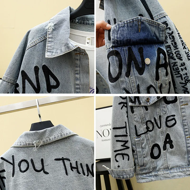 

2020 Loose Letter Embroidery Women Denim Jacket Harajuku Large Size Denim Coat Oversize Turn Down Collar Female Jeans Jacket 697