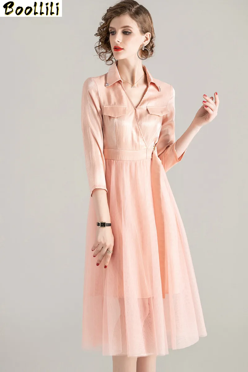 Boollili Summer Dress 2020 Vintage Elegant Office Midi Women Clothes Ladies Dresses Korean Pink Mesh Vestidos | Женская одежда