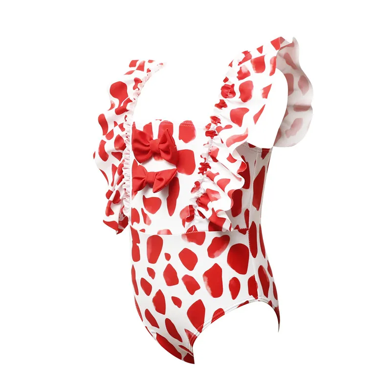 

Детская одежда для девочек цельное платье в горошек и с рисунком, купальник, с квадратным вырезом и оборками и рукавами-крылышками боди-кост...