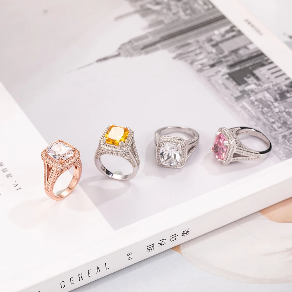 

Handmade 925 Silver Ring finger Luxury Princess-cut gold 10ct Simulated Diamond Pave 192pcs cz Wedding Ring for Women Jewelry