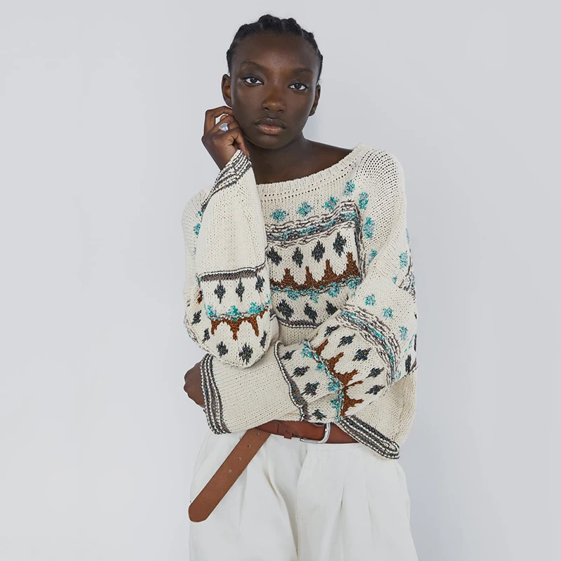 Autumn New ZA Women's Knit Sweater Fashion Stripe Long Sleeve V-neck Loose Casual Turtleneck Hot Sales Wholesale | Женская одежда