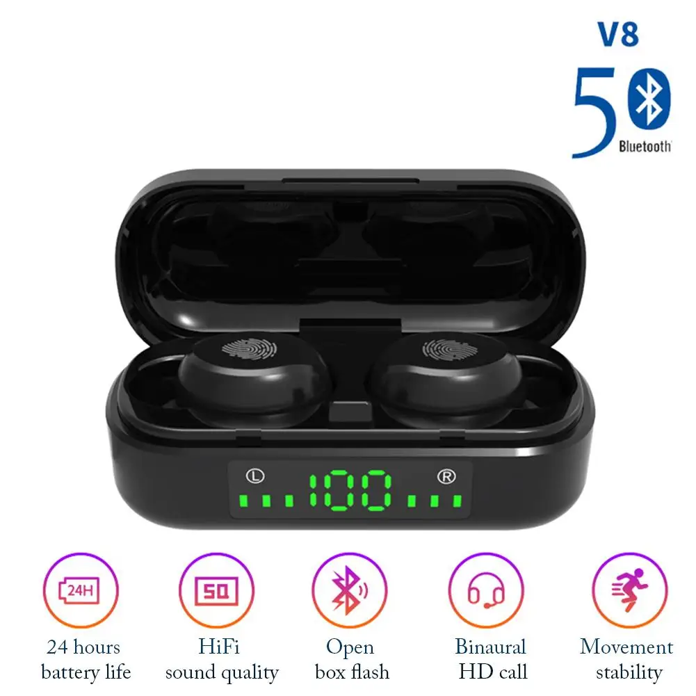 V8 TWS Bluetooth наушники 5 0 беспроводные гарнитура спортивные светодиодный