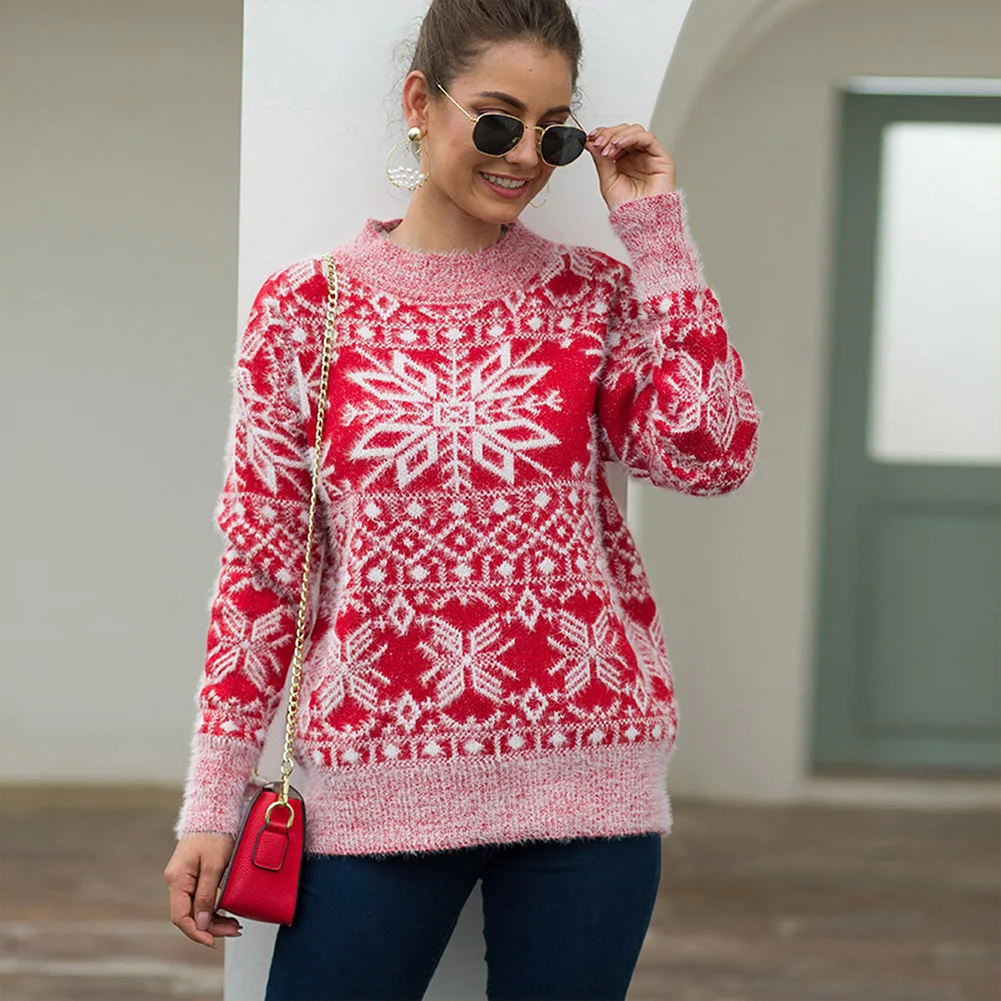 Christmas Sweater Elegant Women Jumper Pullover Tops Female Snowflake Winter Girls Warm Soft Brief Sweaters | Женская одежда