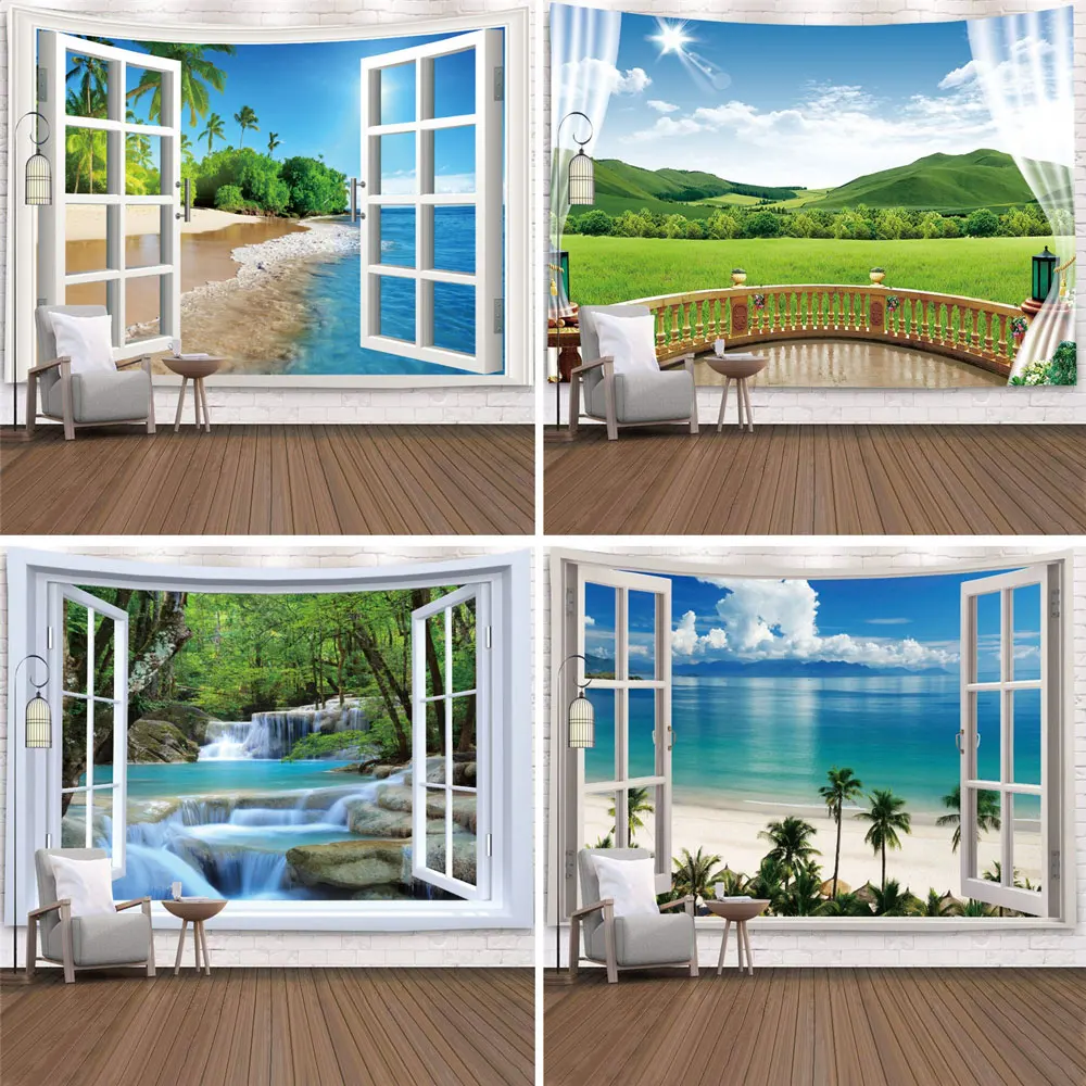 

Window Landscape Tapestry Wall Hanging Tropical Tree Tapestries Art Home Decoration Sea Sunrise Home Dorm
