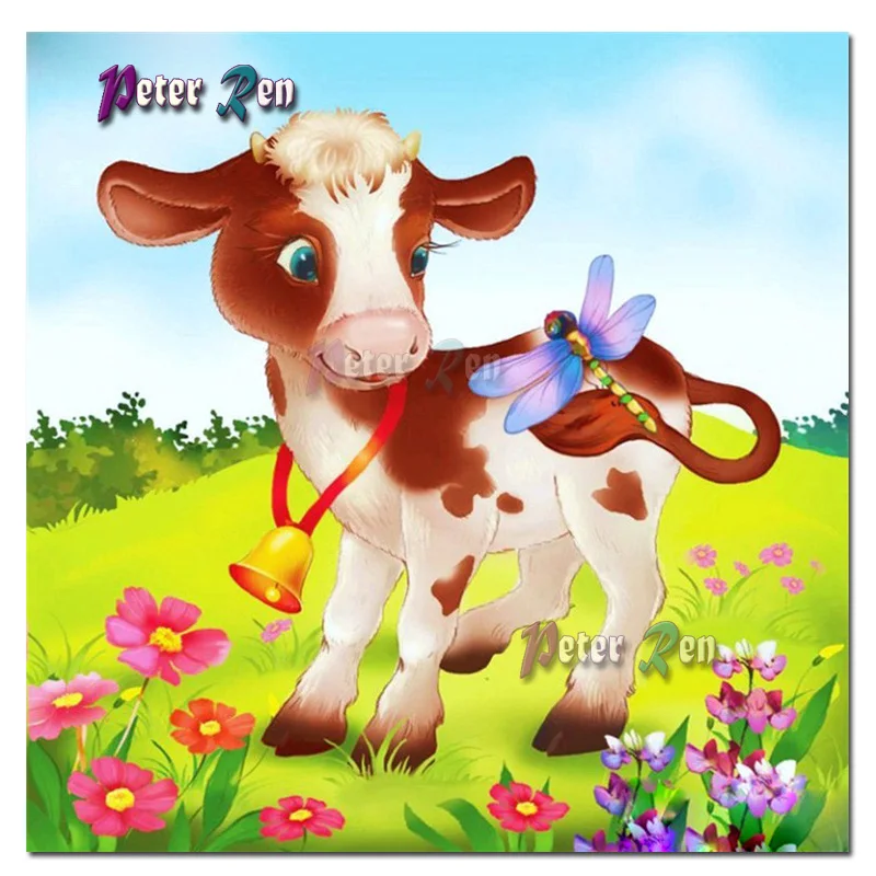 

cartoon animals Diamond Painting Cross Stitch Calf dragonfly with bell Square\Round Embroidery Picture Rhinestone Children gift