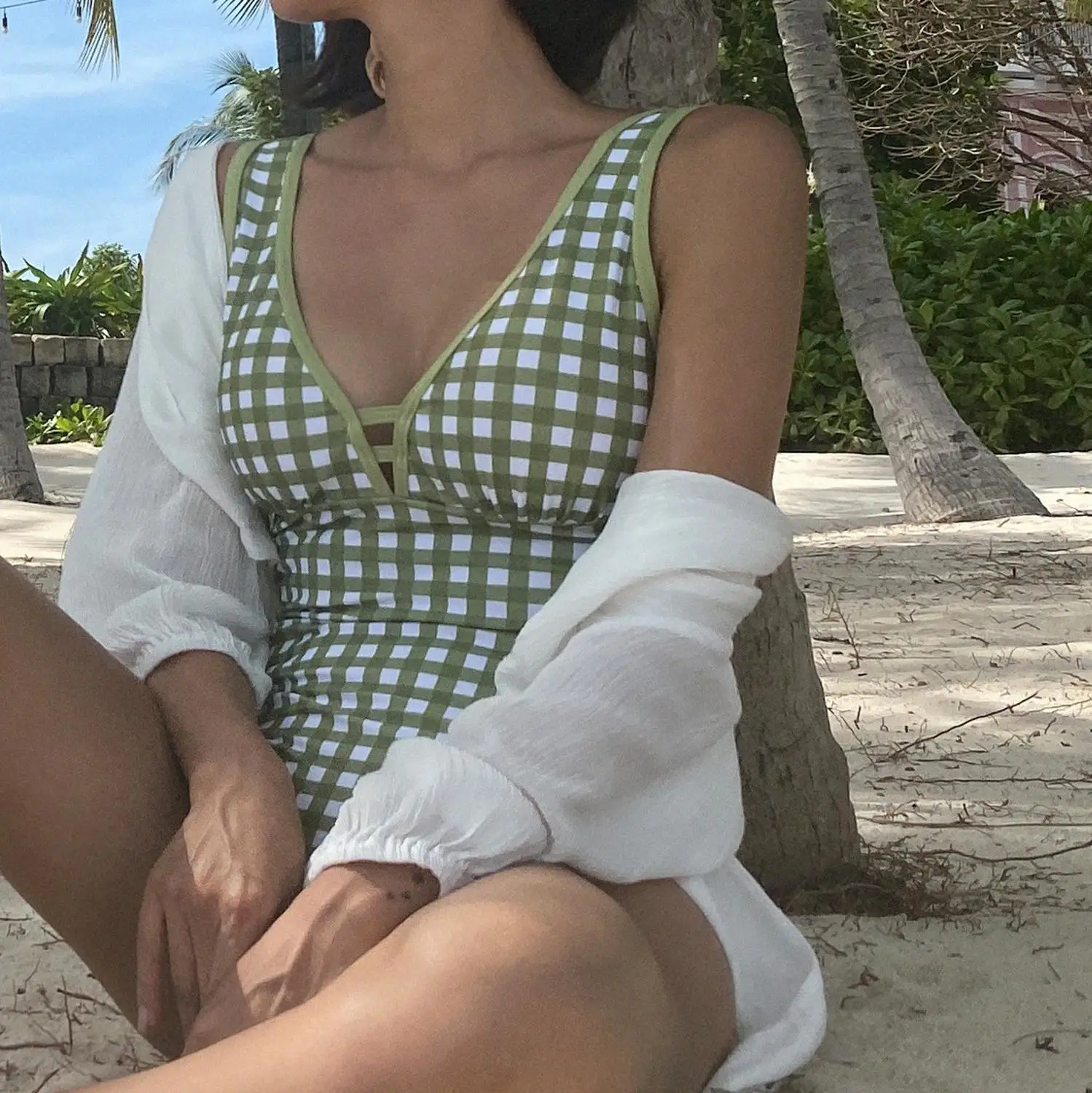 Цельный купальник в Корейском стиле женский клетку купальный костюм высокого