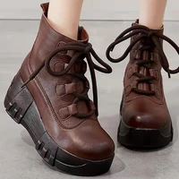 national style cotton shoes womens winter boots leather muffin thick soled cotton boots front lace up martin boots flat soled l