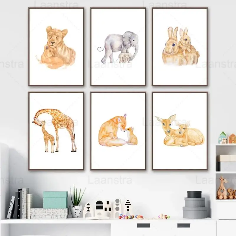 

Cartoon Parent-Child Wall Art Canvas Painting Cartoon Animals Deer Rabbit Lion Giraffe Fox Elephant Nordic Decorative Posters