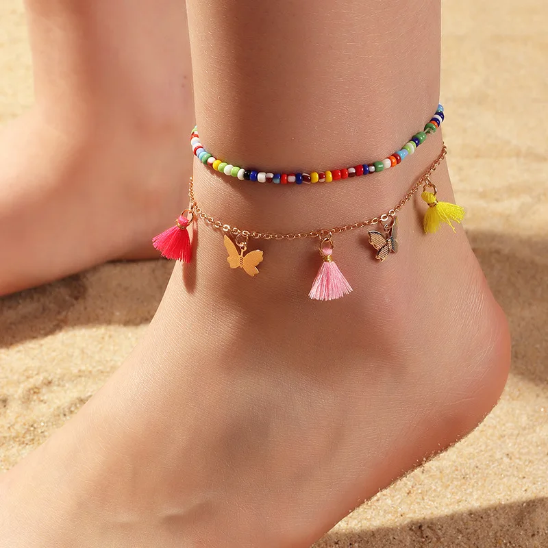 

Metal Butterflies Tassel Pendant Anklets for Women Colorful Beads Ankle Chain Female 2020 Summer Fashion Foot Jewelry New
