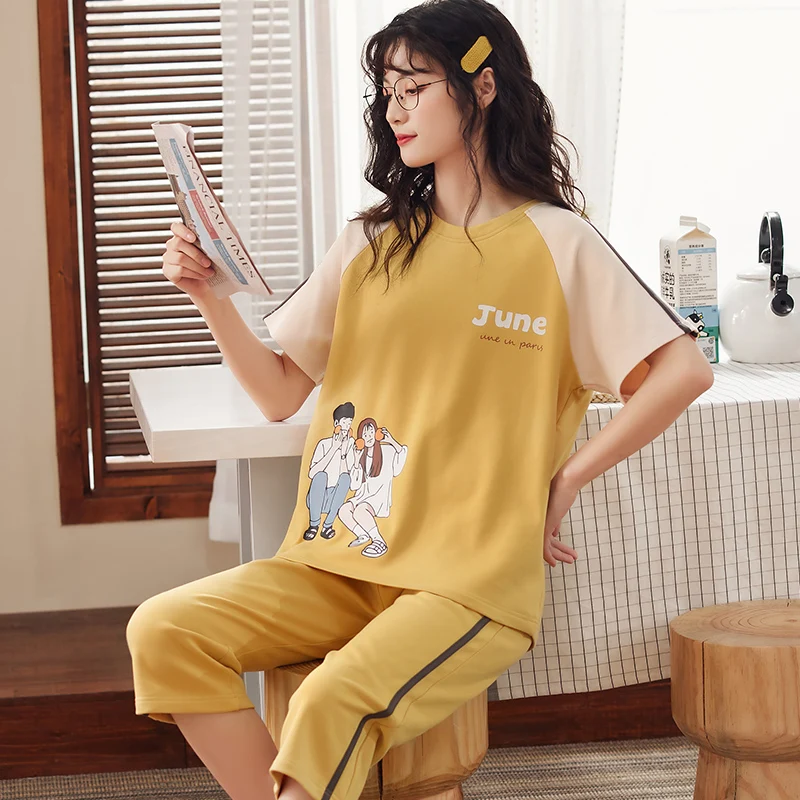 Calf pants Sleep Tops Cotton Women's pajamas Set Home suit plus size Sleepwear summer clothes for women pijamas pyjamas Korean