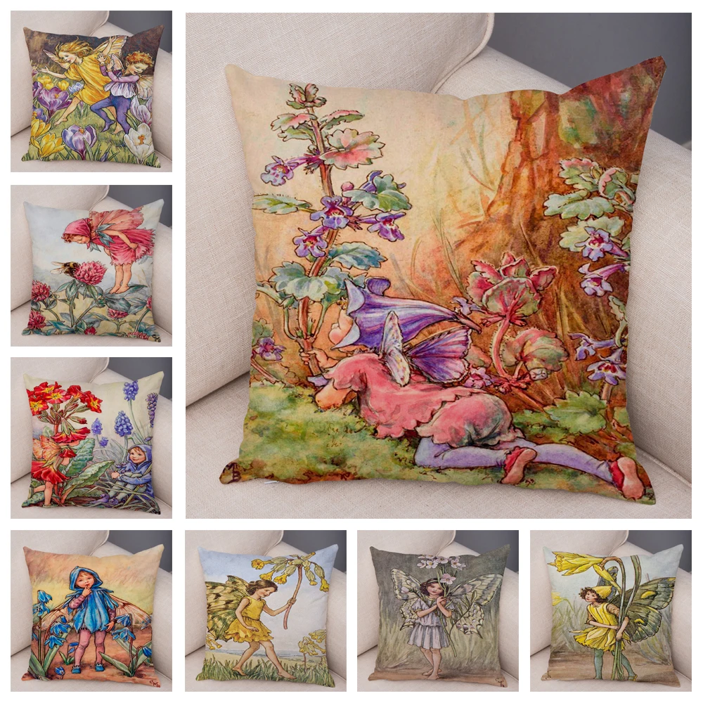 Soft Plush Cushion Cover Colorful Cute Cartoon Flower Girl Pillowcase Decor Fairy Tale World Elves for Sofa Home Pillow Case