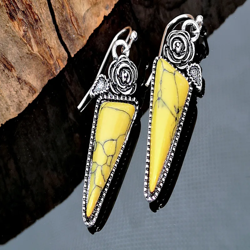 Yellow Resin Bohemian Triangle Drop Earrings - Vintage Retro Flower Long Pendant for Women image 5