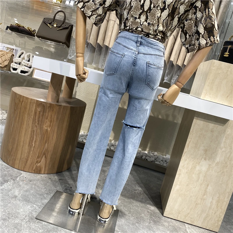 

Knee Holed Denim Jeans High Waist Light Color and Water Scrubbing Jeans Casual Slimming Cropped Skinny Pants