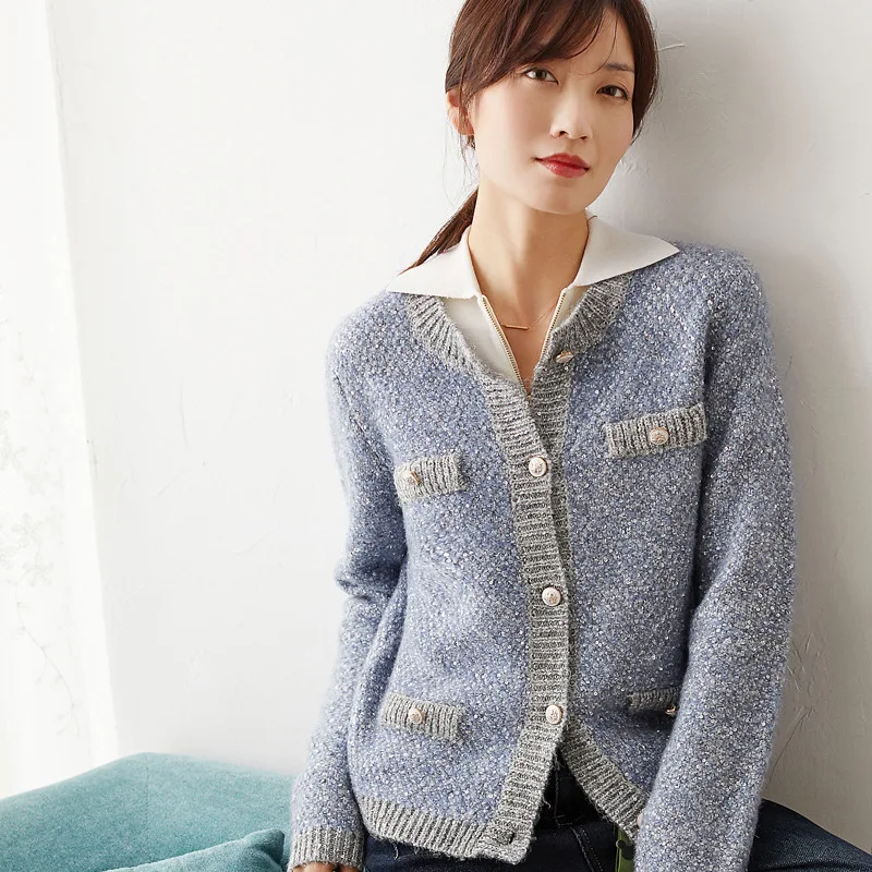 

New Blue sequined perfume loose knitting cardigan female long sleeved round collar short brim coat can customized big size