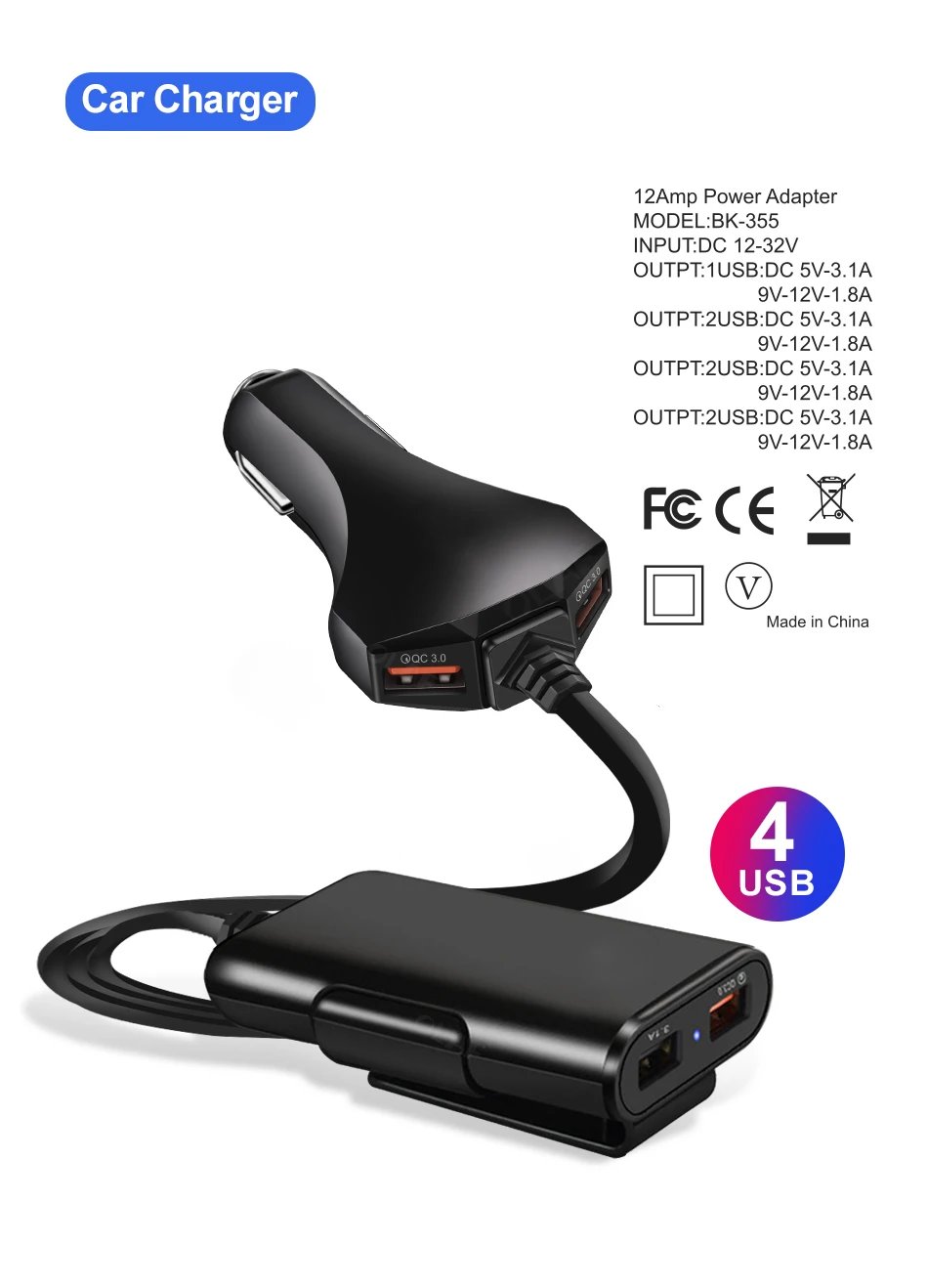 Crouch 60 Вт QC 3,0 4 USB Автомобильное зарядное устройство, адаптер для переднего заднего сиденья, портативное зарядное устройство для быстрой зарядки 3,0, автомобильное USB зарядное устройство для iPhone, samsung, Xiaomi