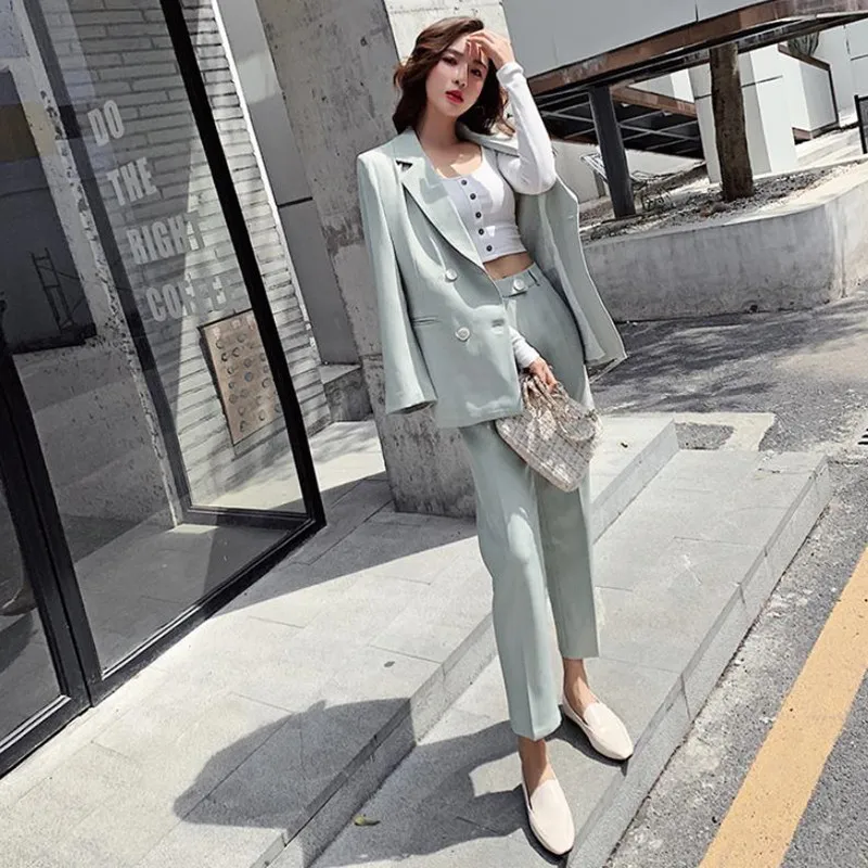 

HziriP 2019 OL Office Work Pant Suits OL 2 Piece Sets Double Breasted Solid Blazer Jacket and Trousers Suit Women Set Feminino