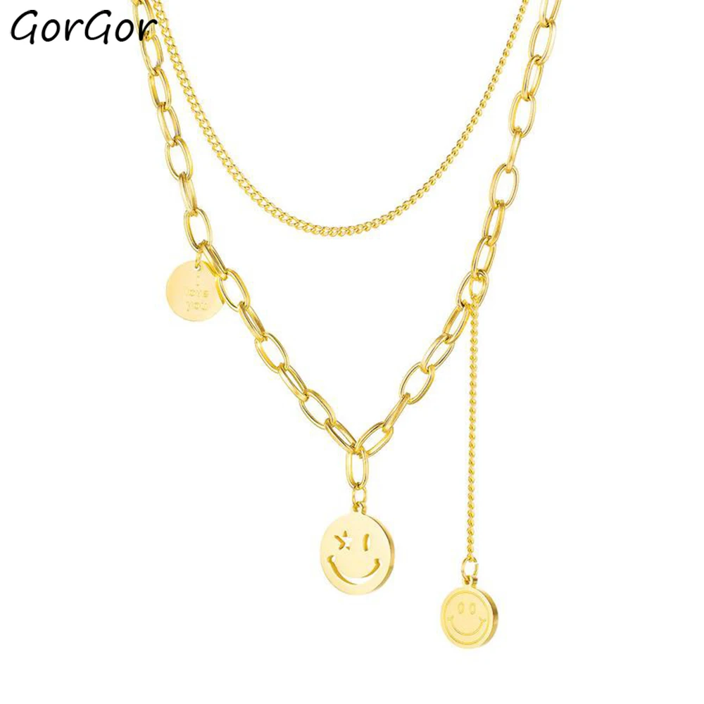 

GorGor ожерелье для женщин из нержавеющей стали узор три круглые карты смайлик кулон изысканный темперамент юбилей ювелирные изделия TX-1713