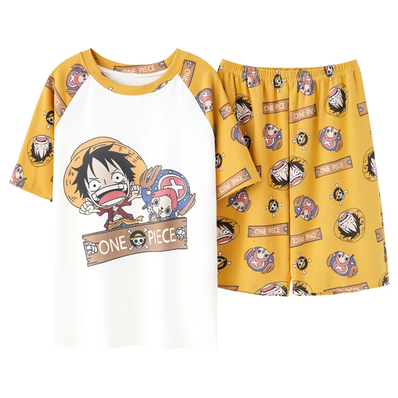 

Male Summer New O-Neck Cotton Plus Size Men Summer Short Sleeve Pajamas Set Fashion Yellow Patchwork Funny Japan Anime Sleepwear