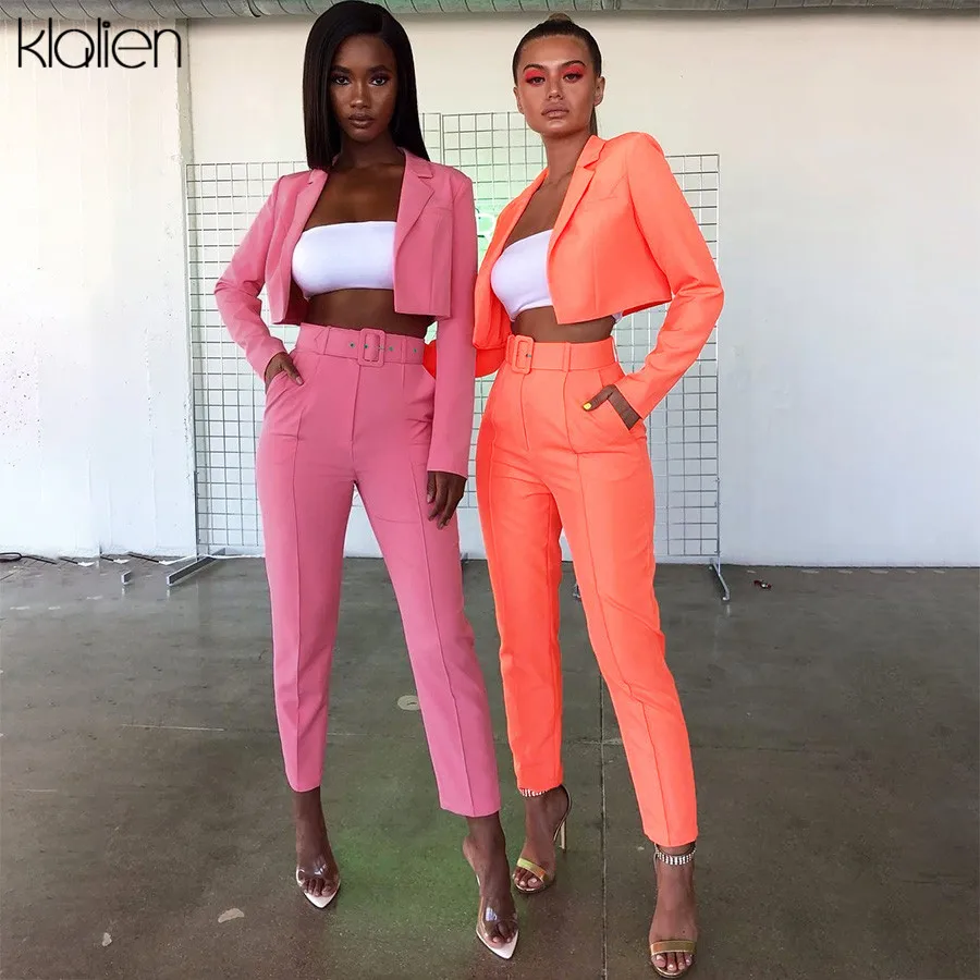 Женский тонкий кардиган и брюки kalien неоновый Повседневный офисный костюм двойка