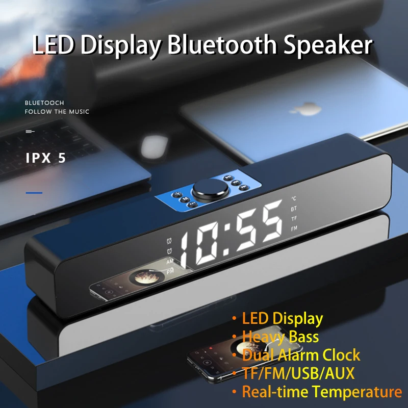 

LED Sound Bar Alarm Clock USB Wireless Bluetooth Speaker Home Theater Surround Sound for PC TV Computer Speaker