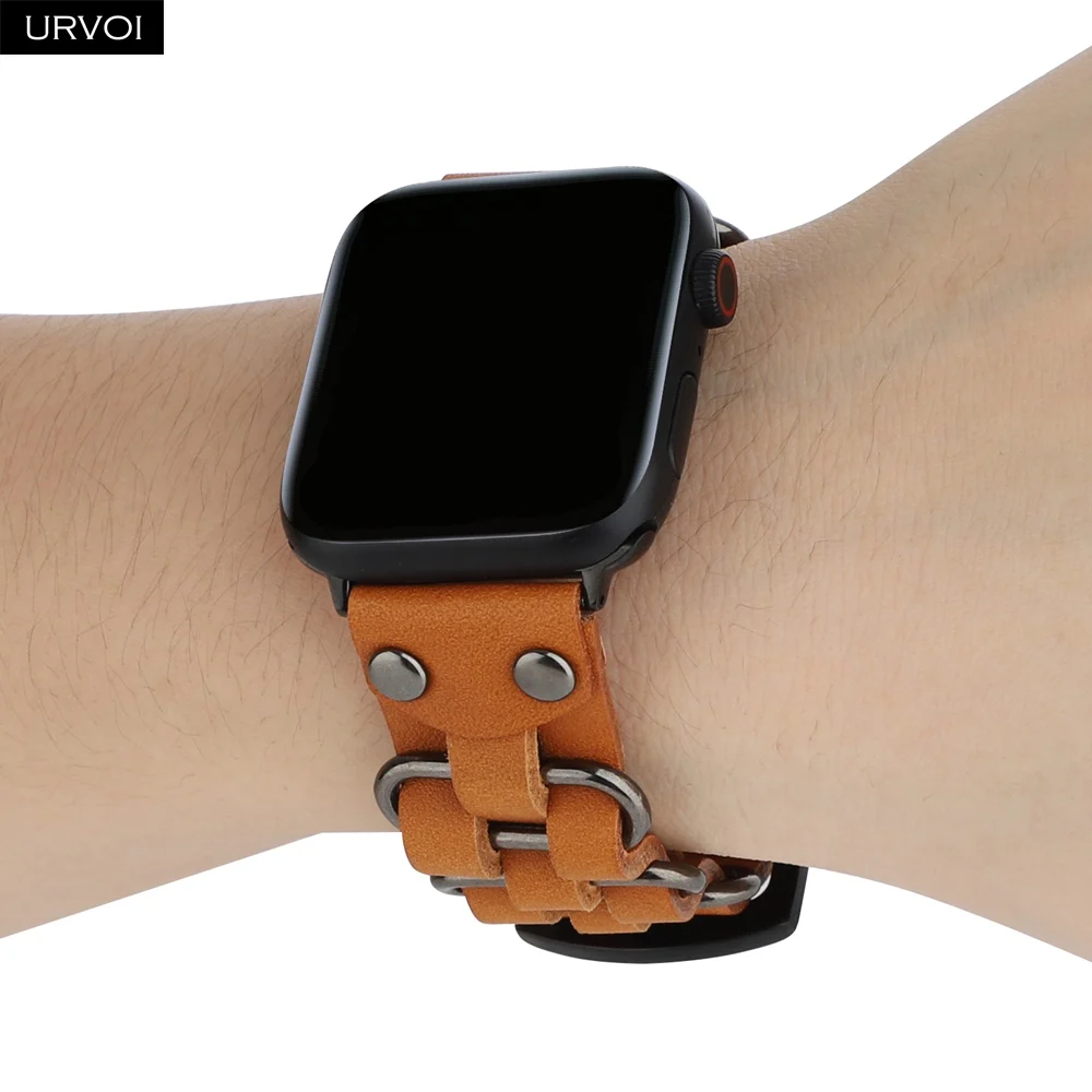 Ремешок URVOI для Apple Watch series 5 4 3 2 1 из натуральной кожи с кольцами ремешок iWatch 40 44 мм