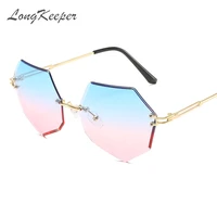 longkeeper polygon rimless sunglasses women 2020 blue pink sun glasses gradient shades cutting lens ladies metal eyewear uv400