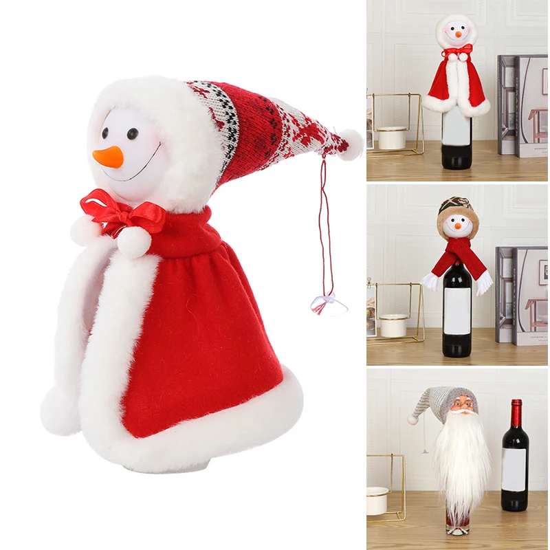 

2021 Christmas Wine Bottle Cover Lovely Santa Snowman Head Bottle Topper Cover Creative Xmas Party Decoration