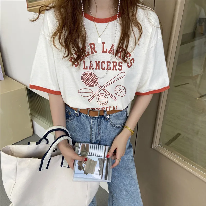 

Spring Summer Korean Style Women T Shirt New Color Contrast Cartoon Letter Printed Short Sleeve T-shirt