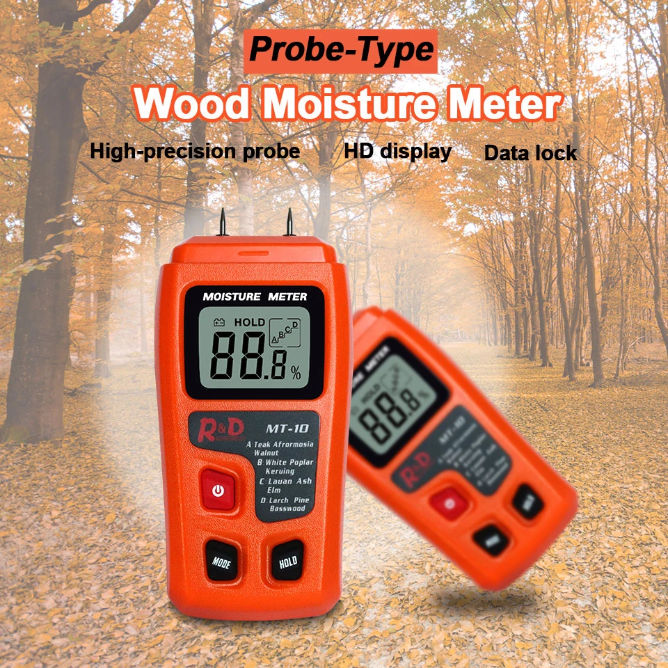 

R&D MT-10 EMT01 Wood Moisture Meter Wood Humidity Tester Hygrometer Timber Damp Detector Tree Density tester Grey Orange