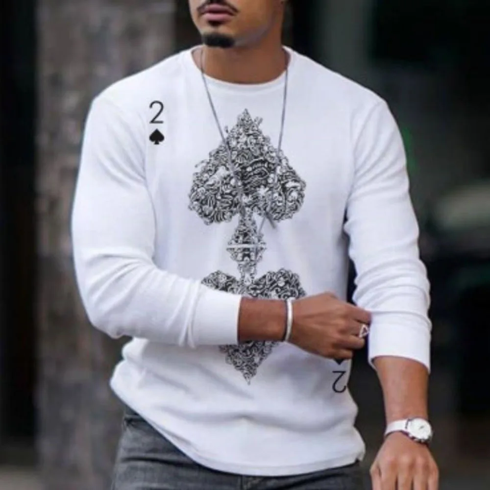 

Men T-shirt Poker Butterfly Print Pullover Long Sleeve Spring Fashion Tops Plus Size 3xl White Undefined Tee Oversize Tshirt
