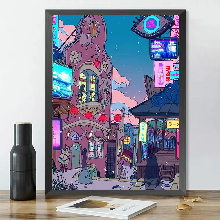

HD Cartoon View Street Night Painting Prints White Poster For Home Decor Coated Poster Prints Paper Wall Art Bar Room Decor