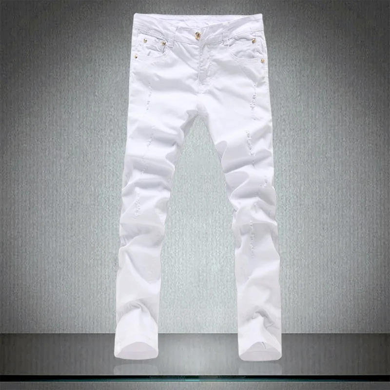 

2021 Spring Men's tight Pure White jeans male , men's skinny trousers , High quality Cotton elastic hole slim Leisure pants men