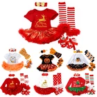 Новое платье принцессы, Одежда для новорожденных девочек, одежда для первого Рождества, боди для младенцев, Кружевной Костюм из 4 предметов, детская одежда