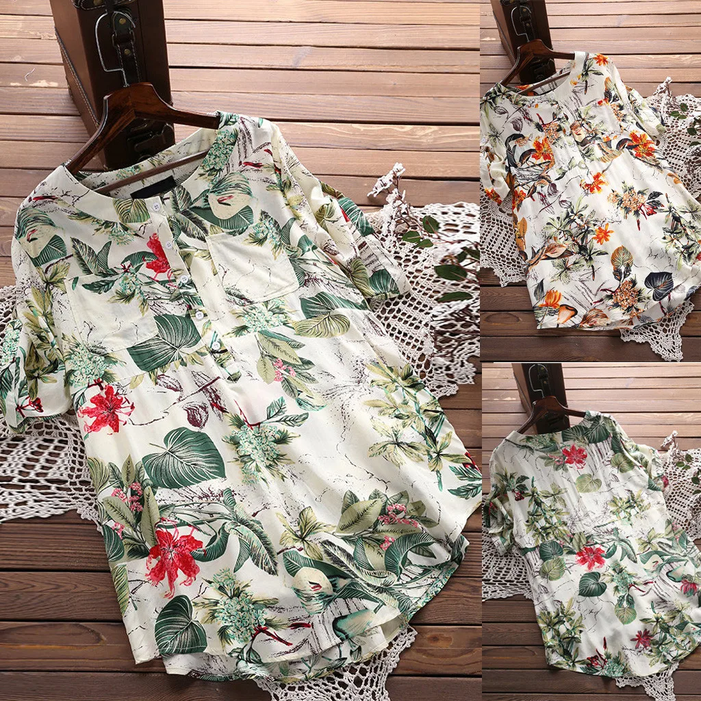 Женская Повседневная льняная рубашка блузка цветочный принт o образный вырез