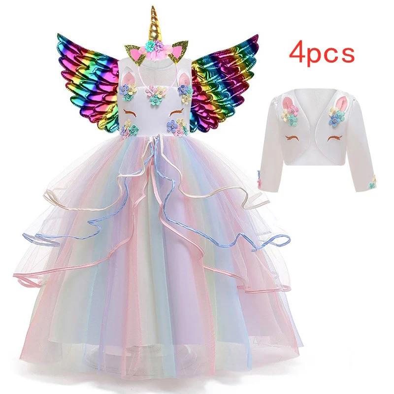 2021 Big Kids Long Dress Colorful Net Gauze Cake Puffy Unicorn Girl Festive Performance 4-14T dress up | Детская одежда и обувь