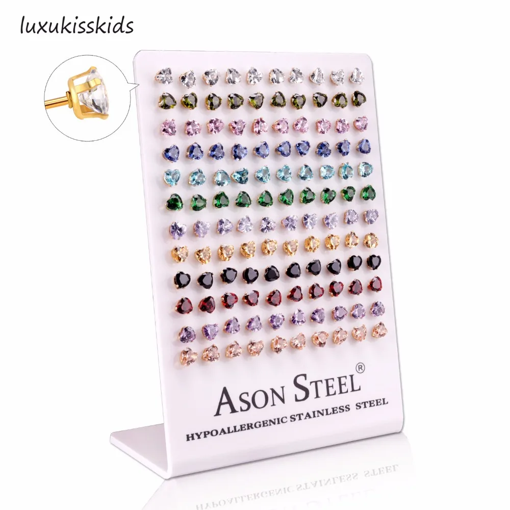 Luxukissids маленькие серьги-гвоздики 60 Париж/Лот Сердце Циркон дети девушка мужчины нержавеющая сталь Заглушка серьги для женщин набор ювелирных изделий