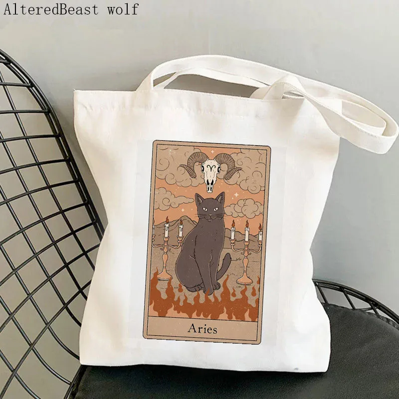 

Women Shopper bag Aries cat Tarot Printed Kawaii Bag Harajuku Shopping Canvas Shopper Bag girl handbag Tote Shoulder Lady Bag