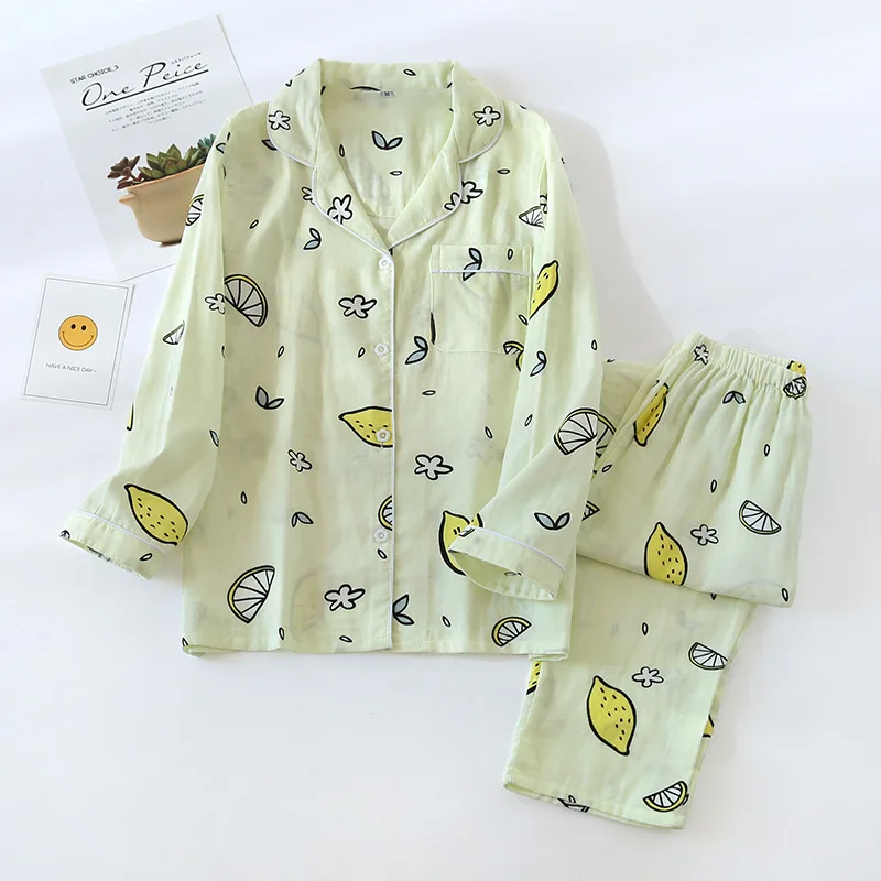 

New Ladies Pajamas Sets 100% Gauze Cotton Cartoon Printed Pyjamas Women 2Pcs Turn-down Neck Shirt+Pants Comfort Nature Sleepwear