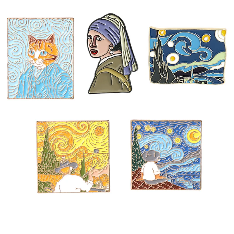 

K3440 Sunflower Pins Collection Cartoon Brooch Van Gogh Badge Famous Oil Paintings Enamel Pin Gifts for Artists