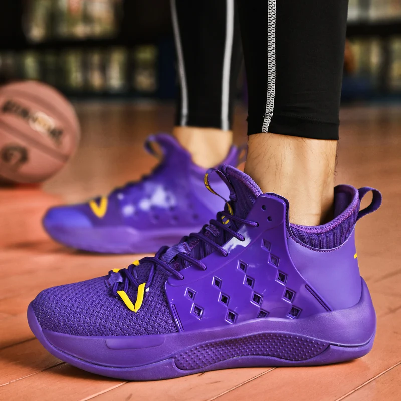 New Purple Mesh Basketball Shoes for Men Camping Sneakers Basketball Male Teenager Breathable High Top Sneakers Cool Big Size 46