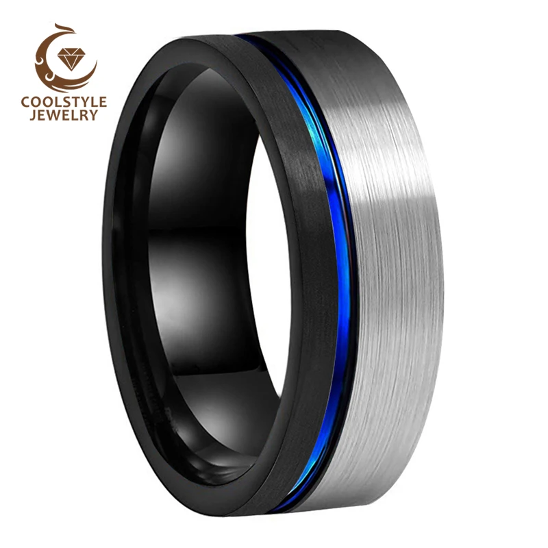 

8mm Wedding Band Black Blue Tungsten Ring For Men Women With Offset Groove Brushed Finish Comfort Fit