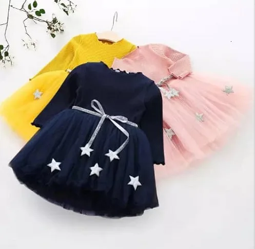 Платье-пачка для девочек с длинным рукавом в горошек цветочной аппликацией зимы