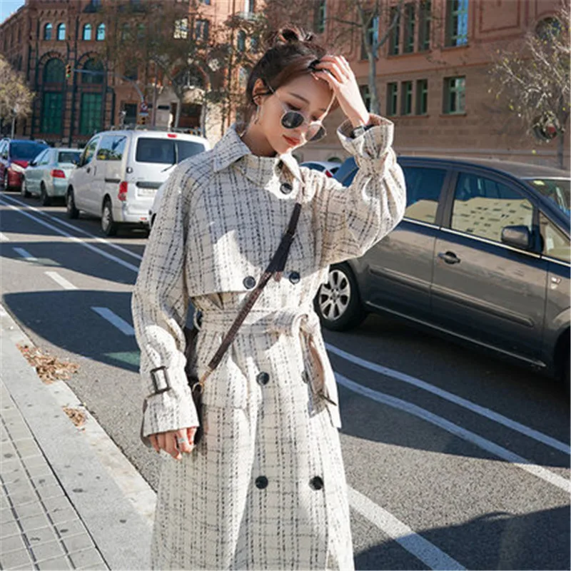 

fashion Windbreaker Women's Clothing Long section 2022 Spring Autumn New Loose Plaid British Trench Coat Female Overcoats b299