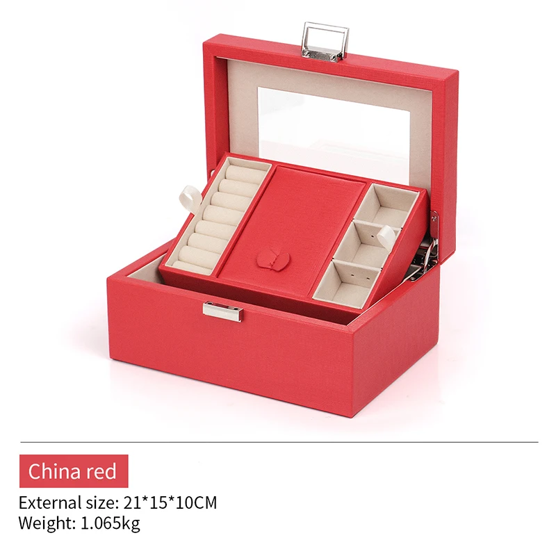 

Red Pando Pu Leather Jewelry Storage Box With Lock For Femal Ring Earring Pendent Bracelet Jewellery Showcase Built In Mirror
