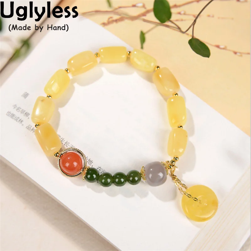 

Uglyless Simple Natural Amber Barrel Beads Bracelets for Women Elastic Rope Multi Gemstone Agate Jade Bracelet 925 Silver Bijoux